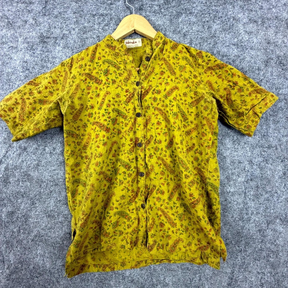 Vintage Fabindia Cotton Shirt Womens Medium Yellow Boho Retro Indie Sleaze
